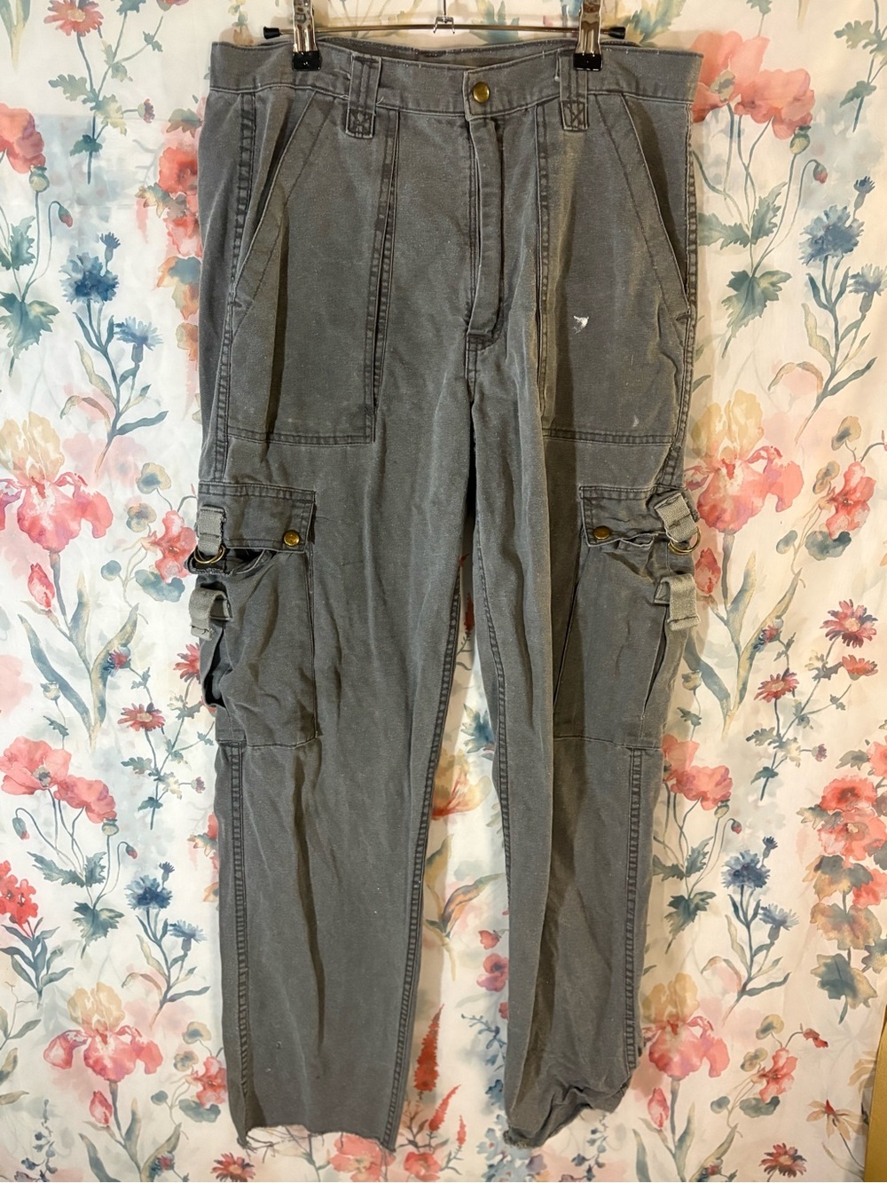 Vintage Gray Cargo Utility Pants with Multiple Pockets